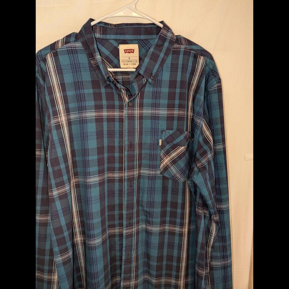 Levis Men Button Up Shirt XL Blue Plaid Logo Pockets Long Sleeve Collar - Picture 2 of 5